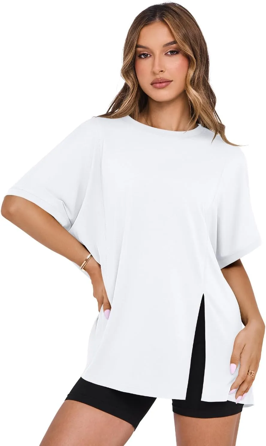 MIHOLL Women's Short Sleeve T Shirts Open Back 2025 Summer Crew Neck Tops Oversized Workout Shirt