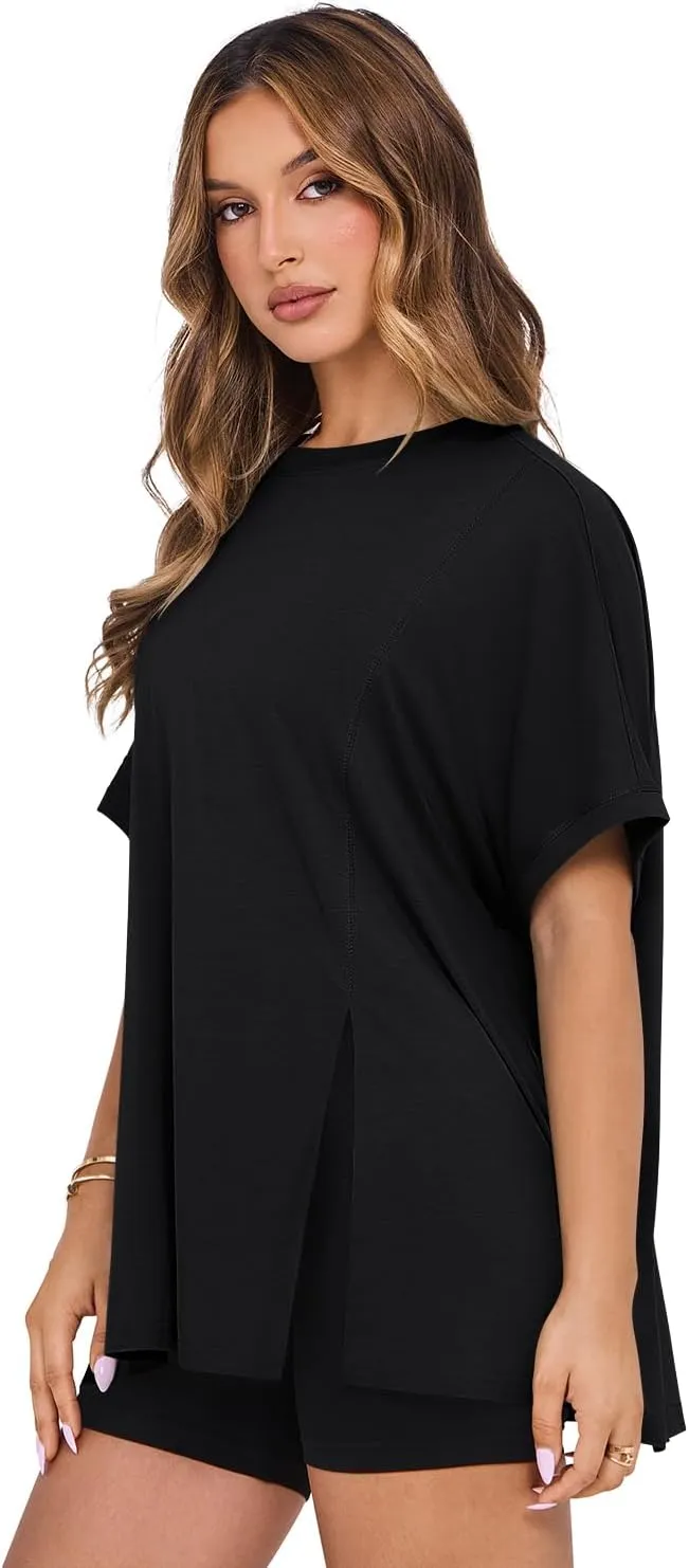 MIHOLL Women's Short Sleeve T Shirts Open Back 2025 Summer Crew Neck Tops Oversized Workout Shirt