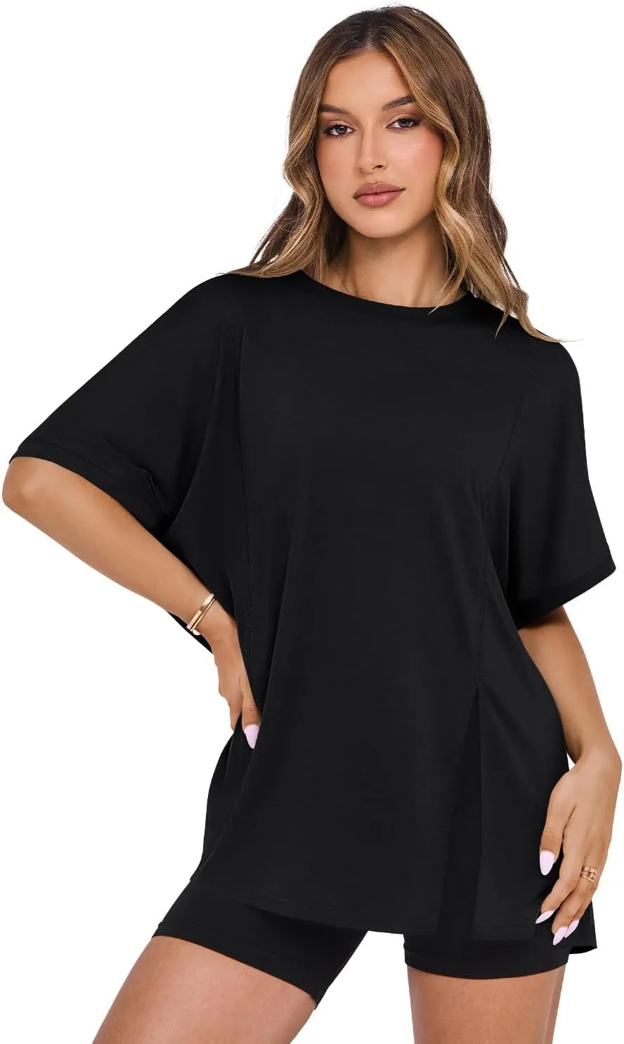 MIHOLL Women's Short Sleeve T Shirts Open Back 2025 Summer Crew Neck Tops Oversized Workout Shirt