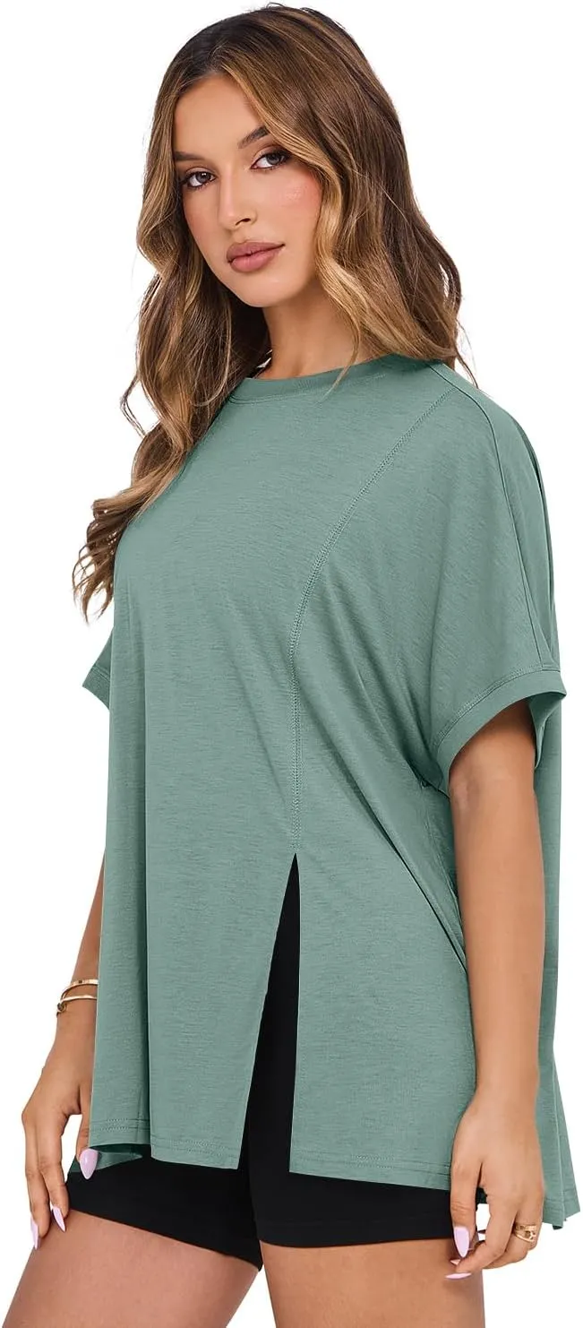 MIHOLL Women's Short Sleeve T Shirts Open Back 2025 Summer Crew Neck Tops Oversized Workout Shirt