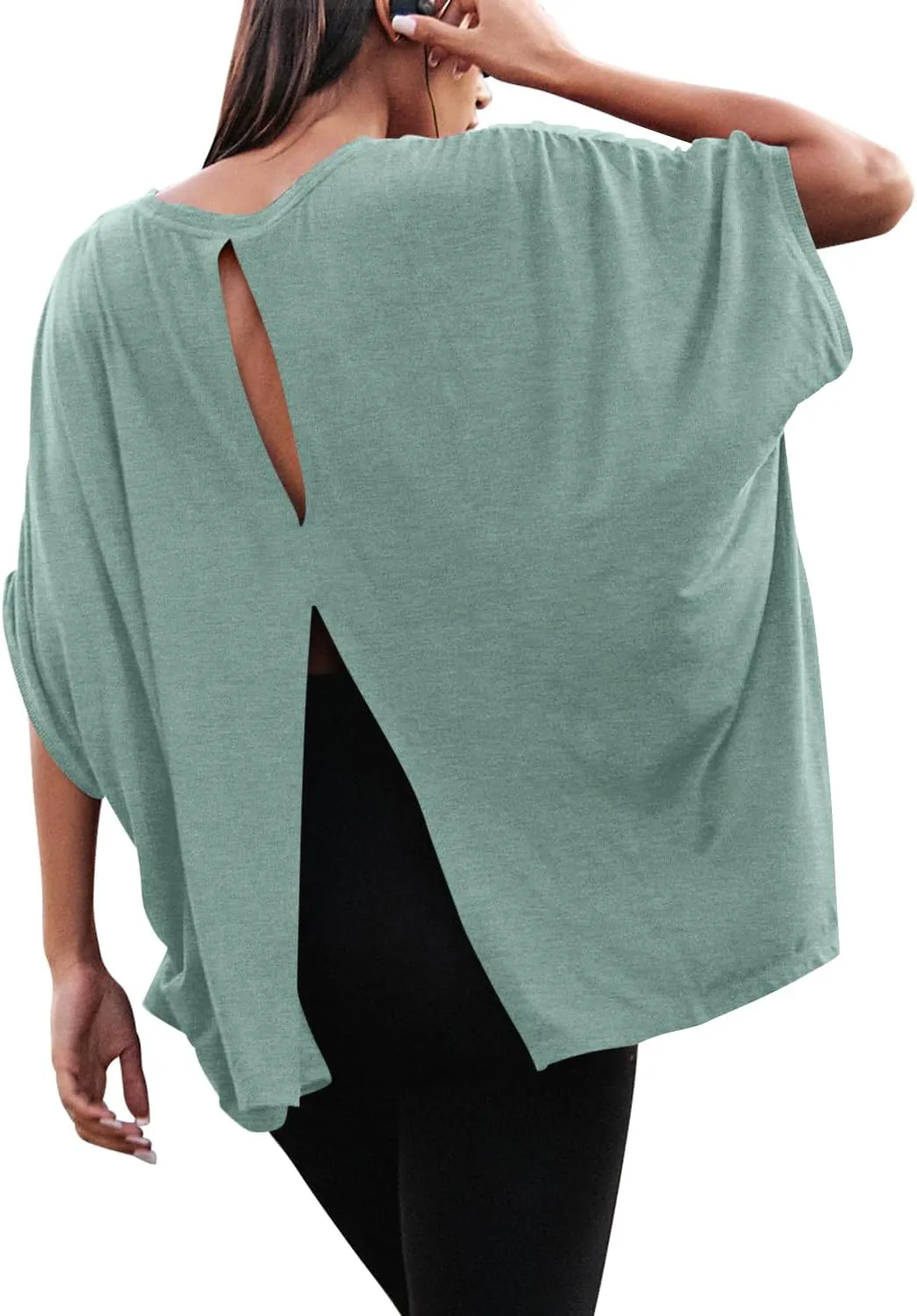 MIHOLL Women's Short Sleeve T Shirts Open Back 2025 Summer Crew Neck Tops Oversized Workout Shirt
