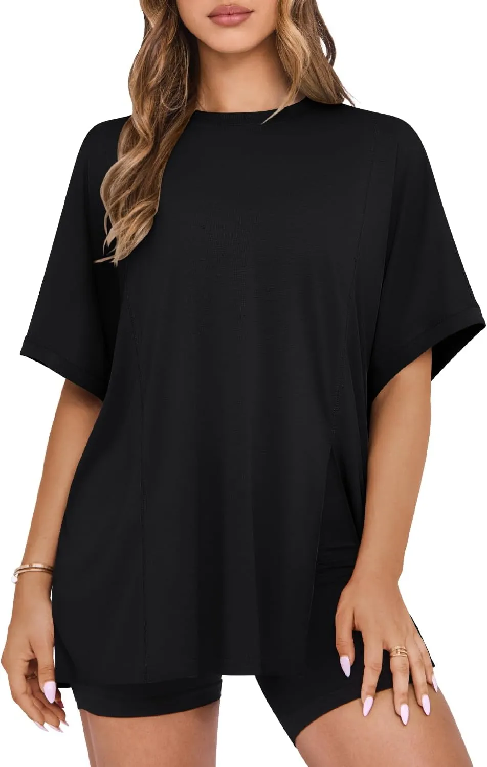 MIHOLL Women's Short Sleeve T Shirts Open Back 2025 Summer Crew Neck Tops Oversized Workout Shirt