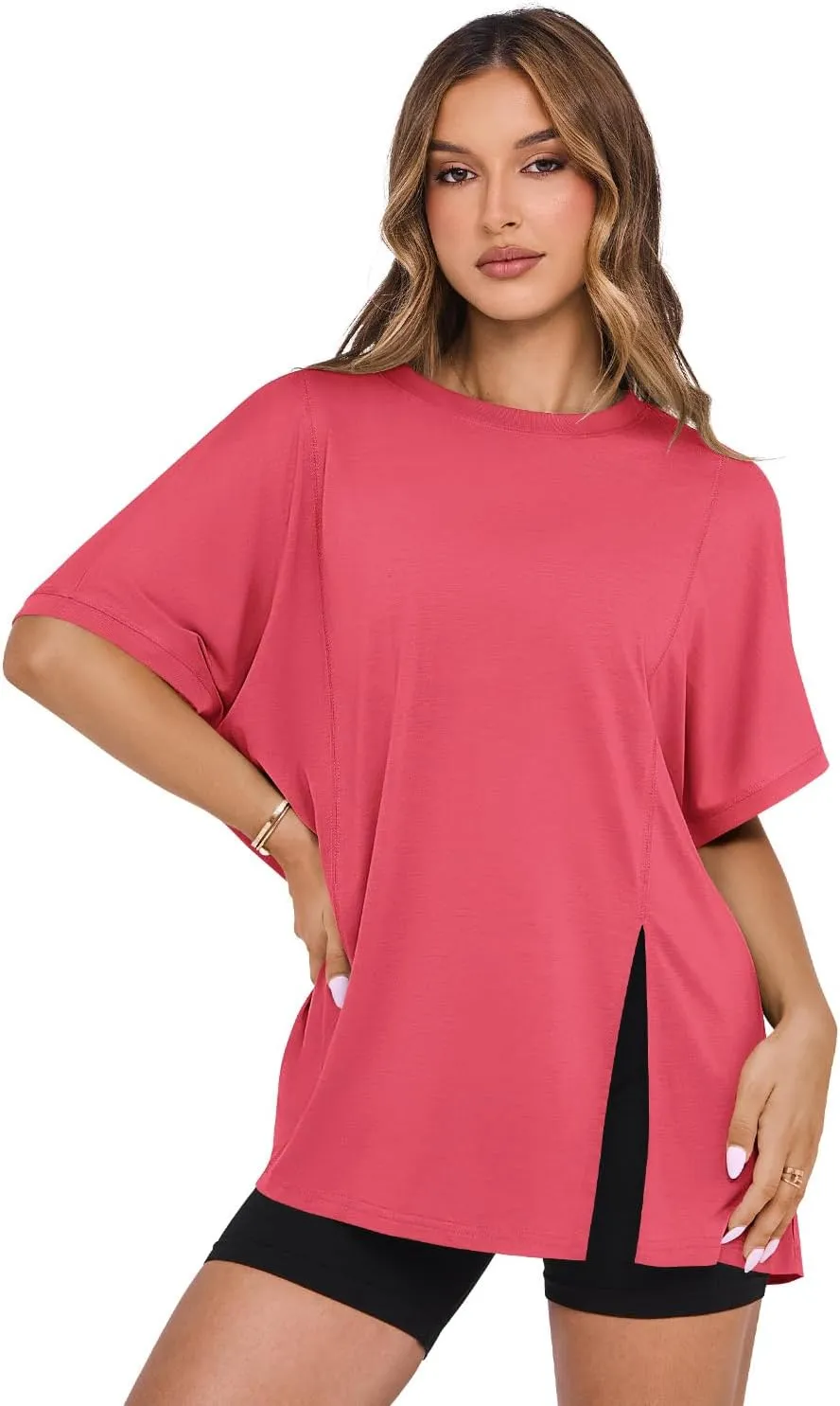 MIHOLL Women's Short Sleeve T Shirts Open Back 2025 Summer Crew Neck Tops Oversized Workout Shirt