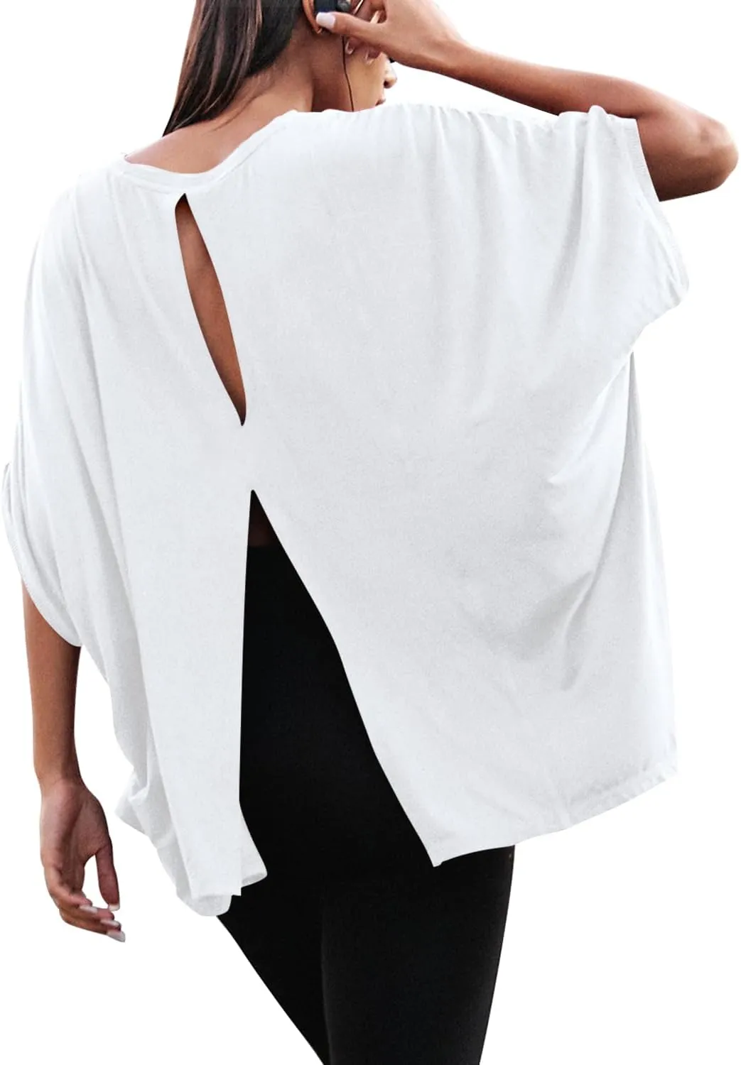 MIHOLL Women's Short Sleeve T Shirts Open Back 2025 Summer Crew Neck Tops Oversized Workout Shirt