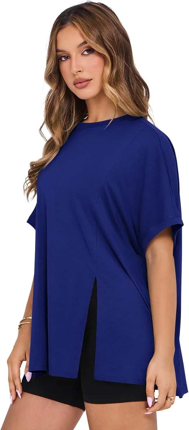 MIHOLL Women's Short Sleeve T Shirts Open Back 2025 Summer Crew Neck Tops Oversized Workout Shirt