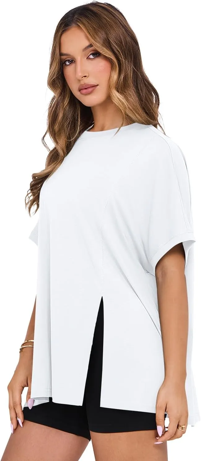 MIHOLL Women's Short Sleeve T Shirts Open Back 2025 Summer Crew Neck Tops Oversized Workout Shirt
