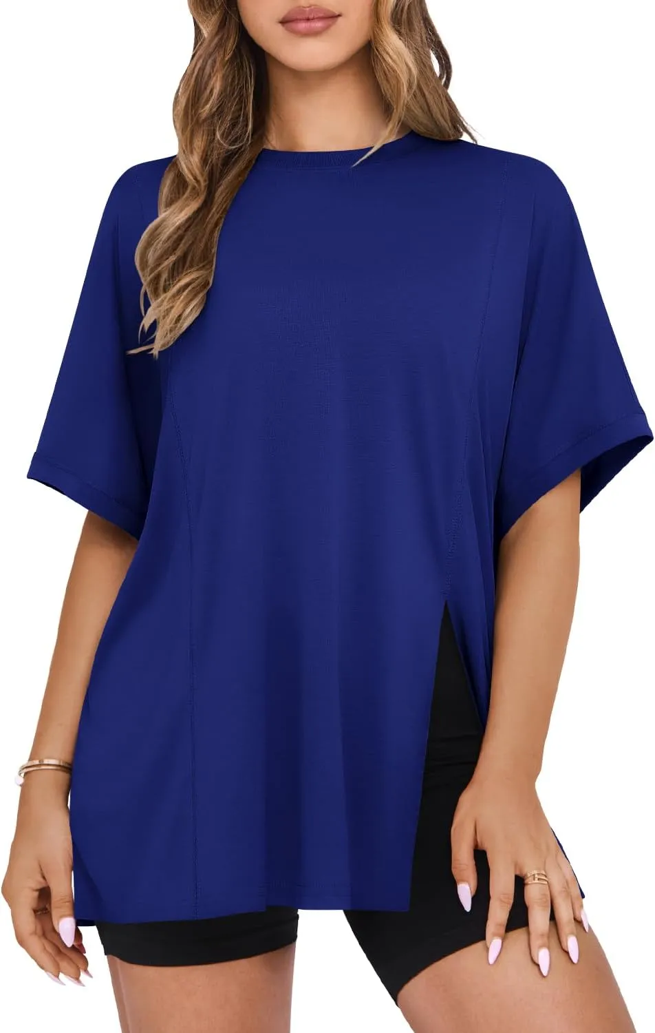 MIHOLL Women's Short Sleeve T Shirts Open Back 2025 Summer Crew Neck Tops Oversized Workout Shirt