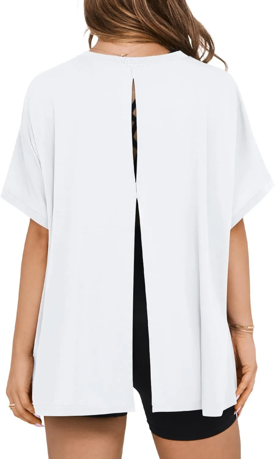 MIHOLL Women's Short Sleeve T Shirts Open Back 2025 Summer Crew Neck Tops Oversized Workout Shirt