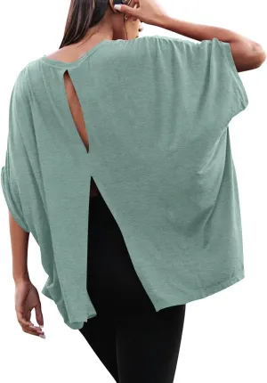 MIHOLL Women's Short Sleeve T Shirts Open Back 2025 Summer Crew Neck Tops Oversized Workout Shirt
