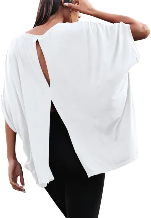 MIHOLL Women's Short Sleeve T Shirts Open Back 2025 Summer Crew Neck Tops Oversized Workout Shirt