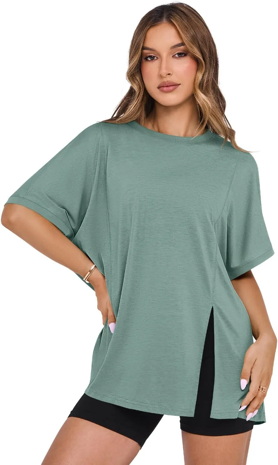 MIHOLL Women's Short Sleeve T Shirts Open Back 2025 Summer Crew Neck Tops Oversized Workout Shirt