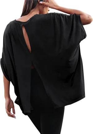 MIHOLL Women's Short Sleeve T Shirts Open Back 2025 Summer Crew Neck Tops Oversized Workout Shirt