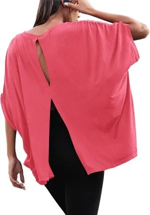 MIHOLL Women's Short Sleeve T Shirts Open Back 2025 Summer Crew Neck Tops Oversized Workout Shirt