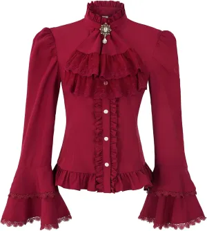 Mingyuezai Victorian Blouse Womens Gothic Pirate Shirt Vintage Long Sleeve Lotus Ruffle Tops