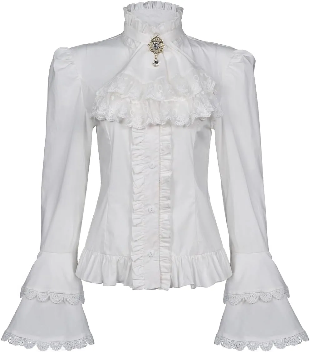 Mingyuezai Victorian Blouse Womens Gothic Pirate Shirt Vintage Long Sleeve Lotus Ruffle Tops