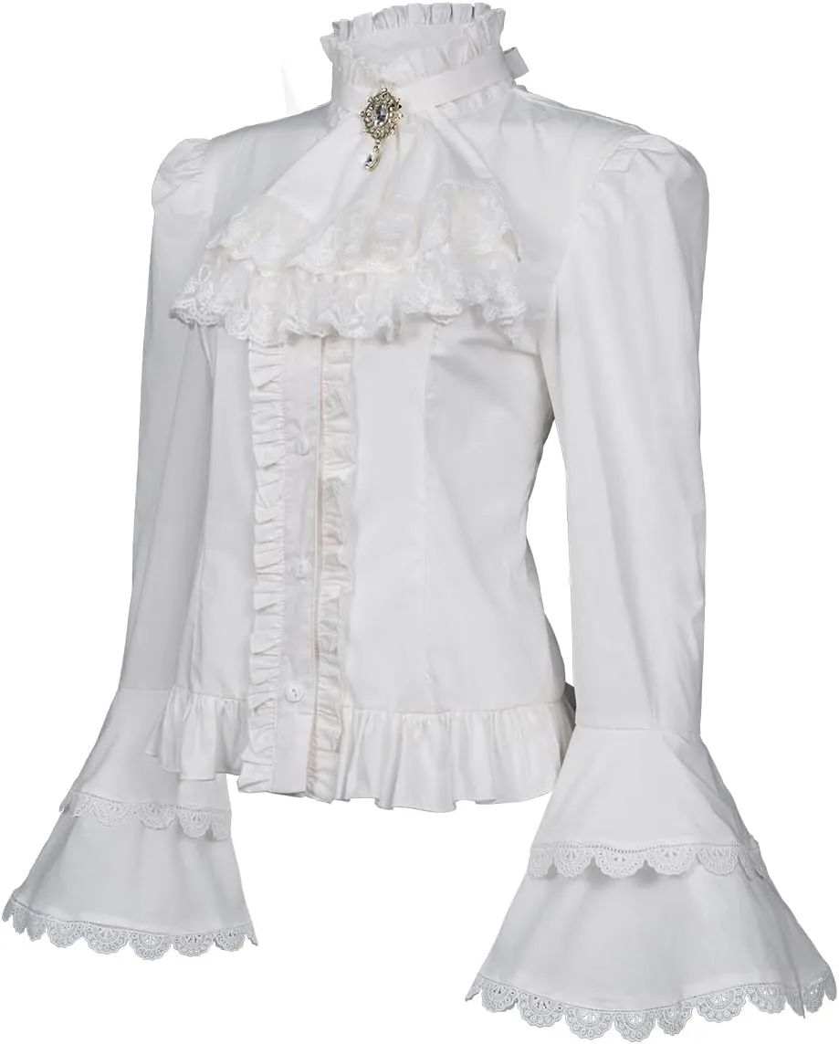 Mingyuezai Victorian Blouse Womens Gothic Pirate Shirt Vintage Long Sleeve Lotus Ruffle Tops