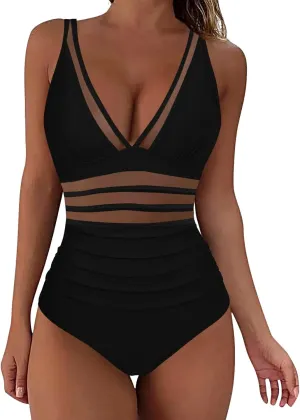 Miyaomn Reading Glasses for Women Swimsuits for Women 2024 Women's Sexy Mesh Sheer One Piece Swimsuit Tummy Control V Neck Push Up Adjustable Wide Straps Bathing Suits Swimwear(Black,Medium)