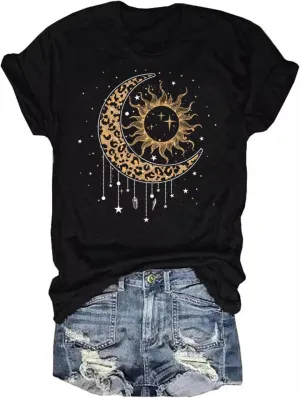 Moon and Sun Shirts for Women Vintage Graphic Tshirt Mountain Hiking Short Sleeve Tees Vacation Funny Shirt