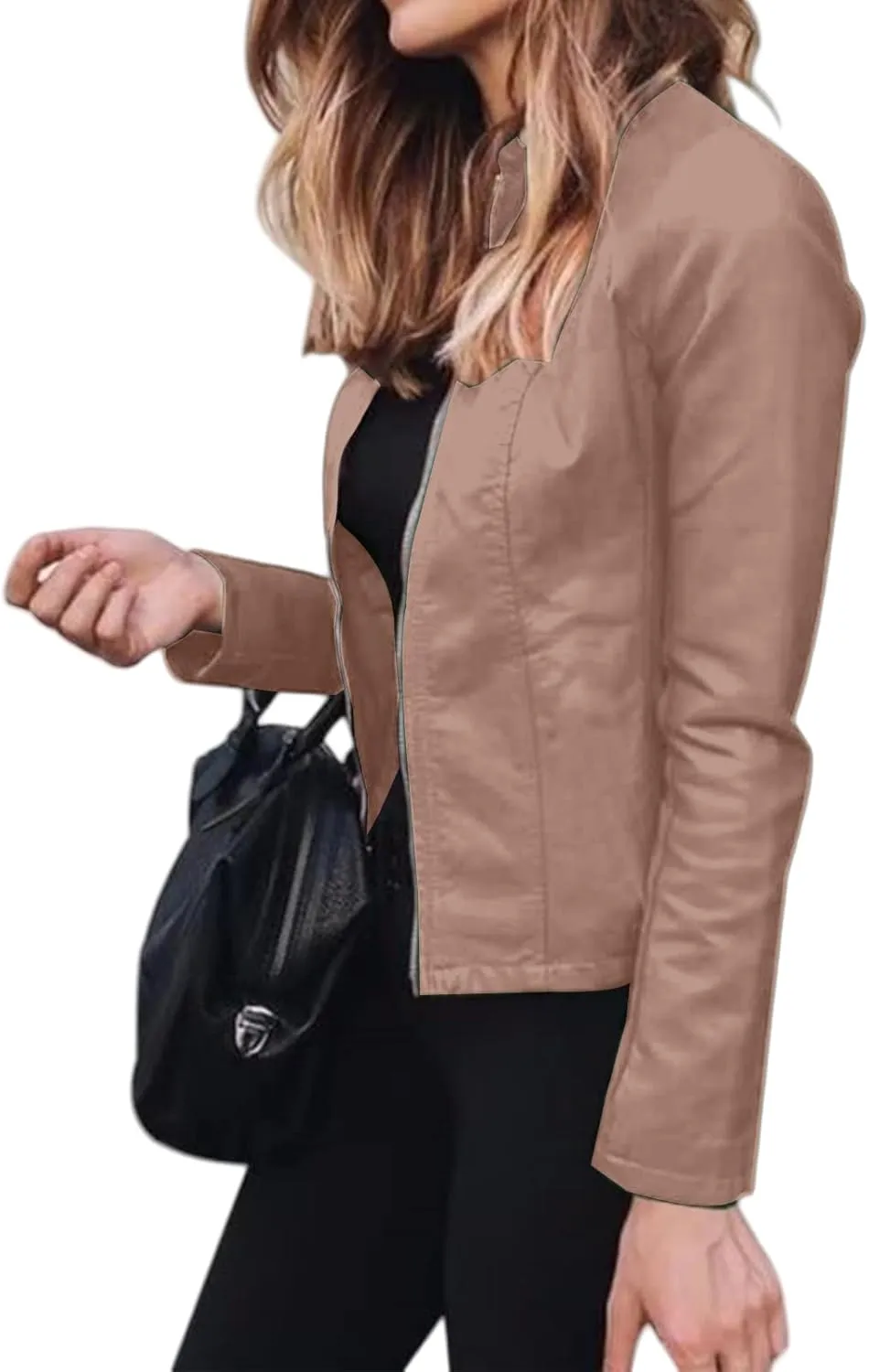 Motorcycle Faux Leather Jacket Women Moto Biker Short Coat Jacket Long Sleeve Zip Up Jackets Slim Fit Biker Outwear