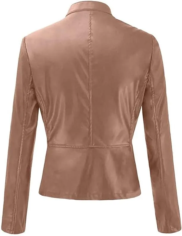 Motorcycle Faux Leather Jacket Women Moto Biker Short Coat Jacket Long Sleeve Zip Up Jackets Slim Fit Biker Outwear