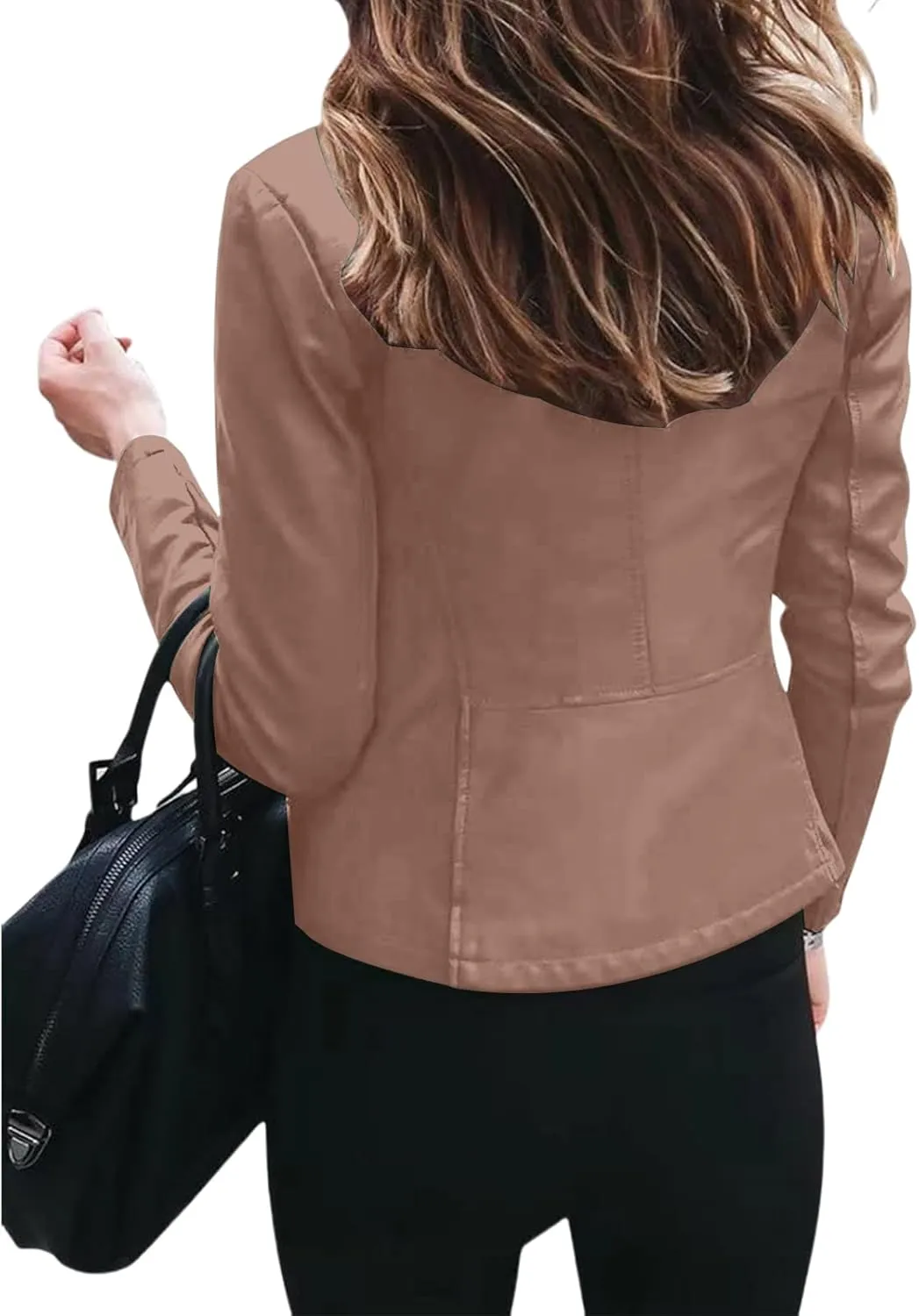 Motorcycle Faux Leather Jacket Women Moto Biker Short Coat Jacket Long Sleeve Zip Up Jackets Slim Fit Biker Outwear