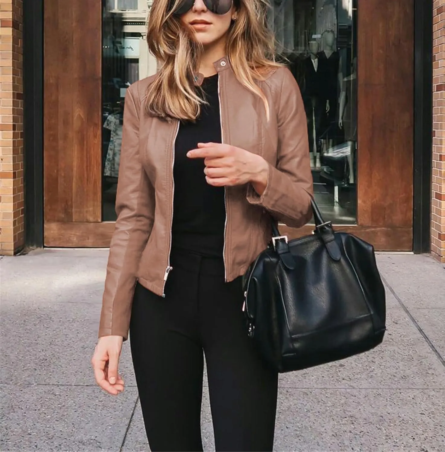 Motorcycle Faux Leather Jacket Women Moto Biker Short Coat Jacket Long Sleeve Zip Up Jackets Slim Fit Biker Outwear