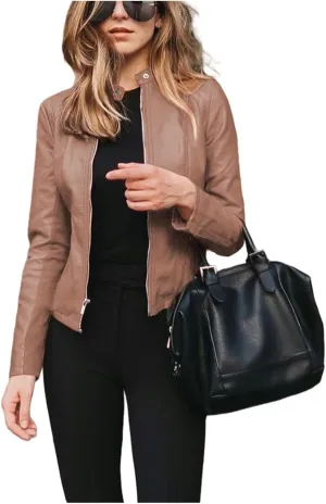 Motorcycle Faux Leather Jacket Women Moto Biker Short Coat Jacket Long Sleeve Zip Up Jackets Slim Fit Biker Outwear