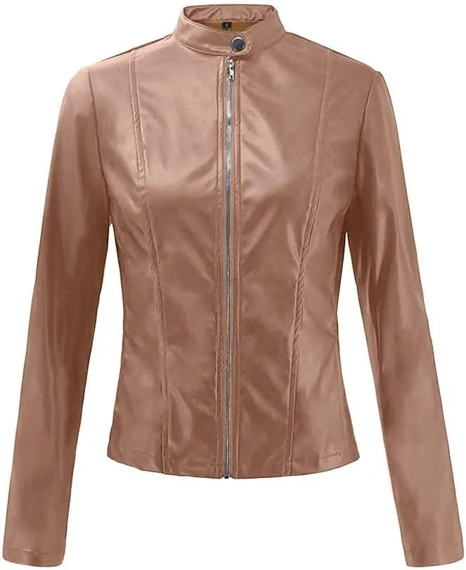Motorcycle Faux Leather Jacket Women Moto Biker Short Coat Jacket Long Sleeve Zip Up Jackets Slim Fit Biker Outwear