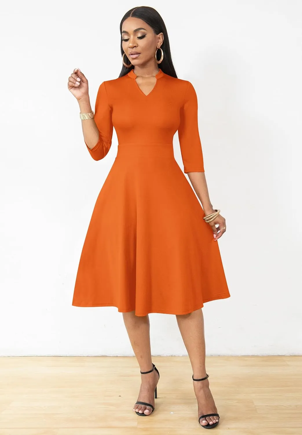 Nmoder Casual Dresses for Women Semi Formal Fit and Flare 3/4 Sleeve A-line Church Work Dress with Pockets