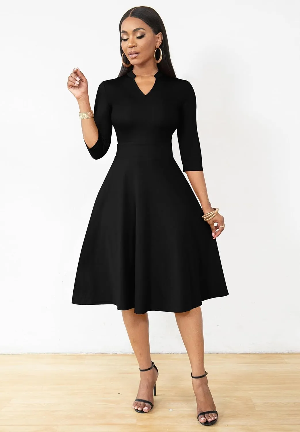 Nmoder Casual Dresses for Women Semi Formal Fit and Flare 3/4 Sleeve A-line Church Work Dress with Pockets