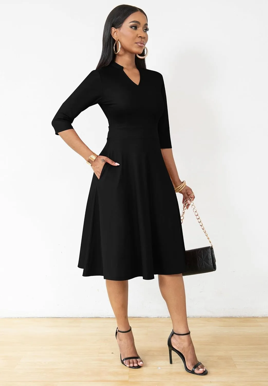 Nmoder Casual Dresses for Women Semi Formal Fit and Flare 3/4 Sleeve A-line Church Work Dress with Pockets
