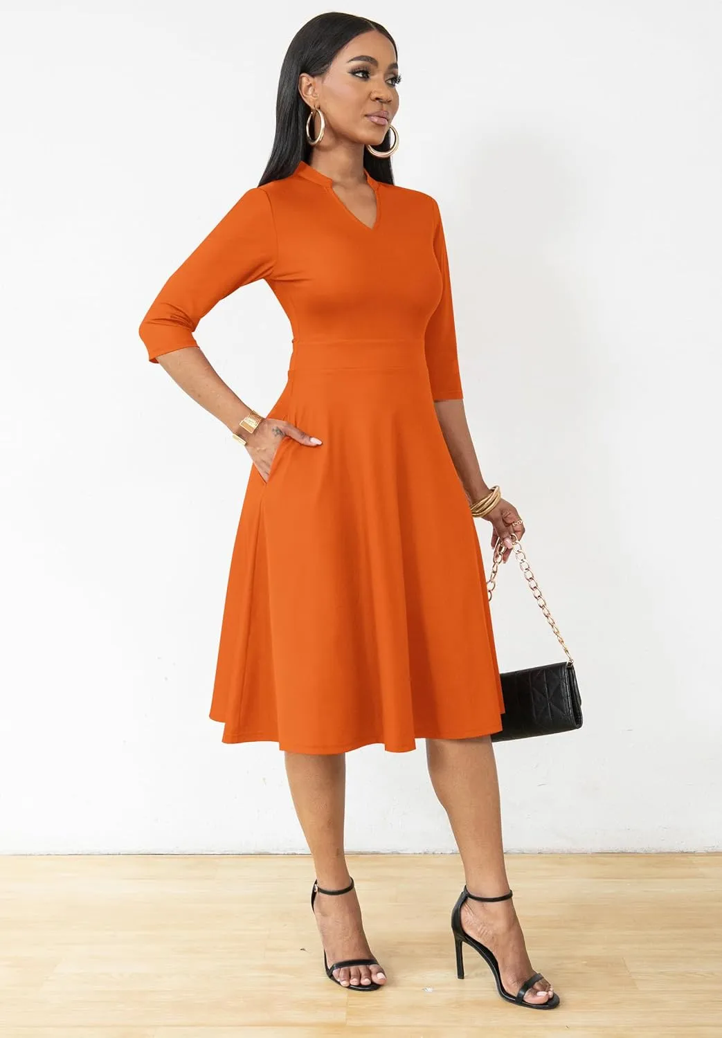 Nmoder Casual Dresses for Women Semi Formal Fit and Flare 3/4 Sleeve A-line Church Work Dress with Pockets