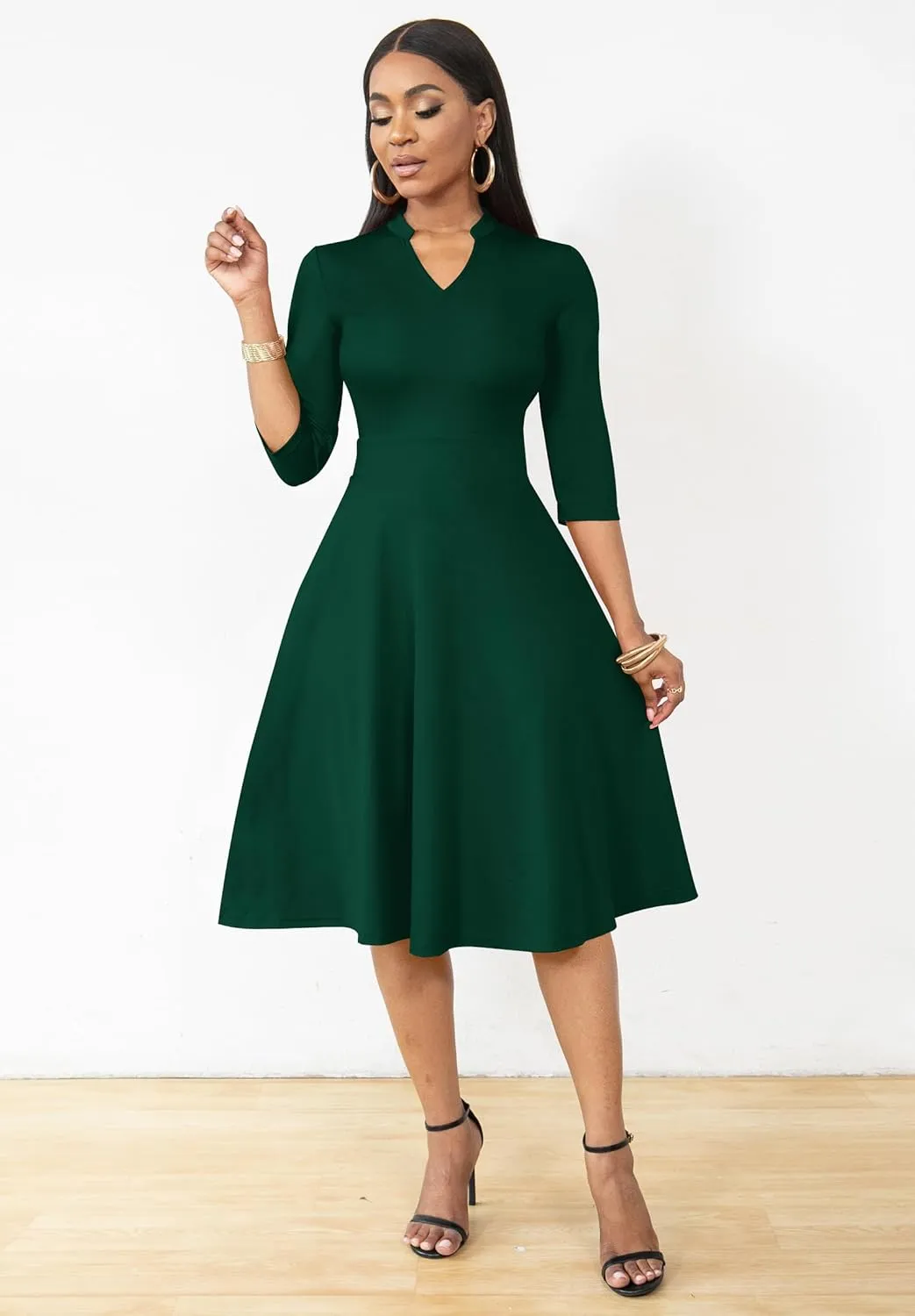 Nmoder Casual Dresses for Women Semi Formal Fit and Flare 3/4 Sleeve A-line Church Work Dress with Pockets