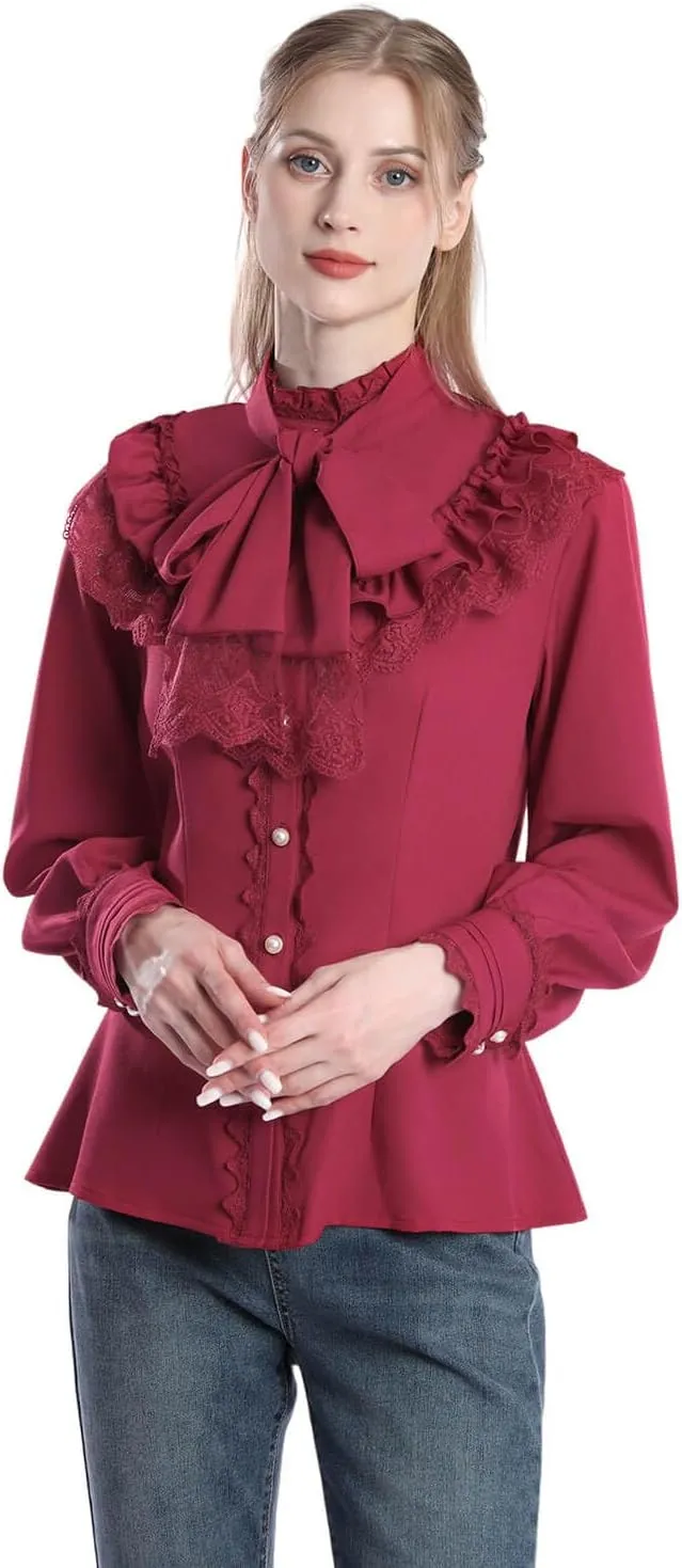 Nuoqi Victorian Blouse Womens Gothic Shirt Vintage Long Sleeve Lotus Ruffle Tops