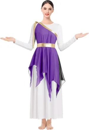 ODASDO Women Praise Dance Costume White Long Sleeve Maxi Dress   Multi Way Wrap Handkerchief Chiffon Skirt 2pcs Dancewear