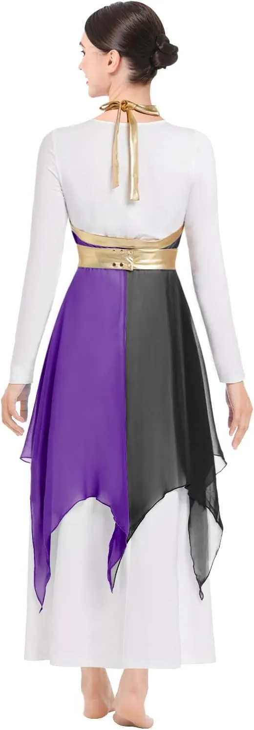ODASDO Women Praise Dance Costume White Long Sleeve Maxi Dress   Multi Way Wrap Handkerchief Chiffon Skirt 2pcs Dancewear