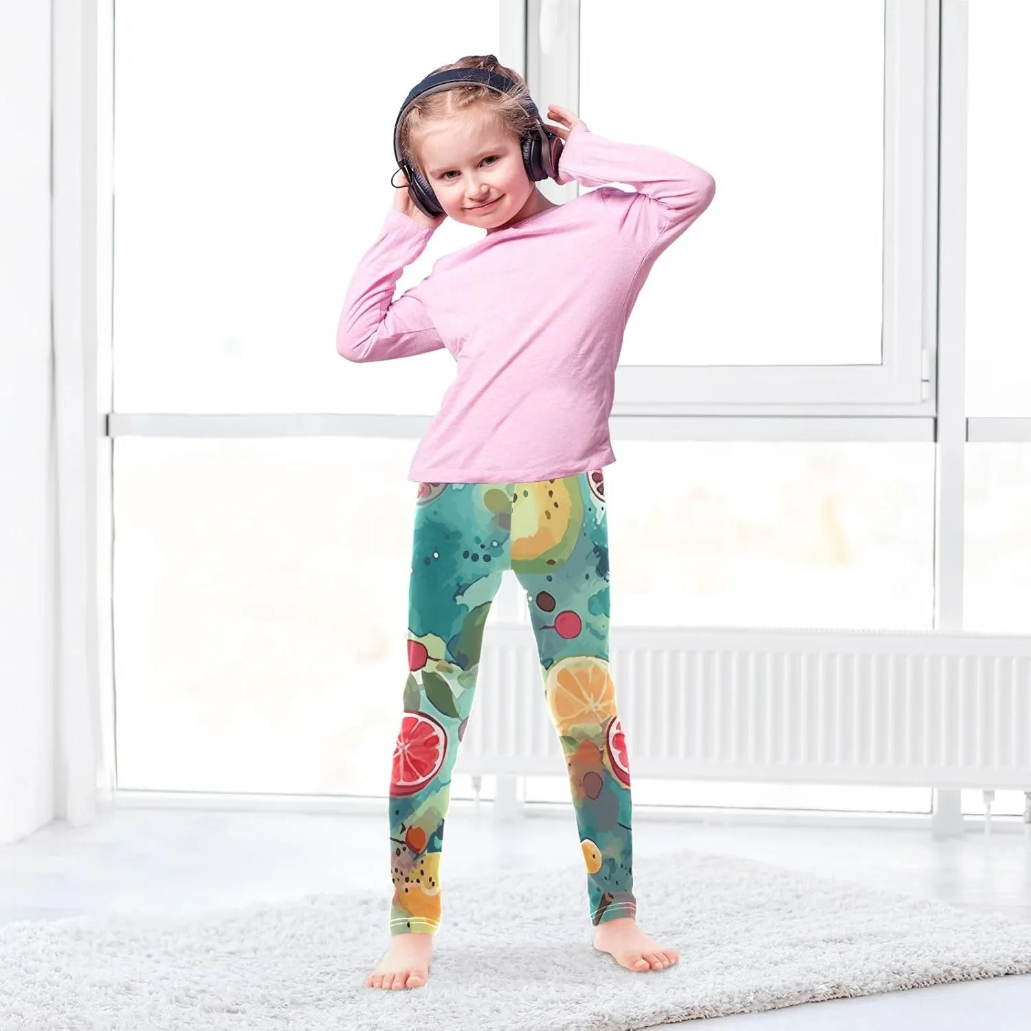 ODAWA Fresh Watercolor Fruit Girls Legging Soft Full Length Stretch Pants Girls Printed Leggings Yoga Pants, (4-10 Years)