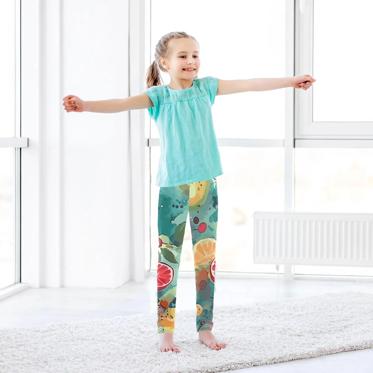 ODAWA Fresh Watercolor Fruit Girls Legging Soft Full Length Stretch Pants Girls Printed Leggings Yoga Pants, (4-10 Years)