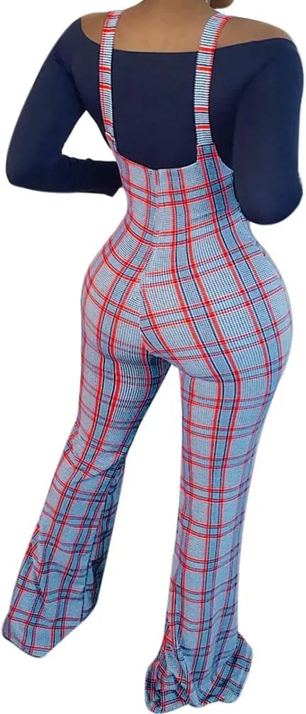 Ophestin Womens Sexy Off Shoulder Tie Crop Top Plaid Print Bell Pants Suspenders Set 2 Piece Outfits Jumpsuits Overalls