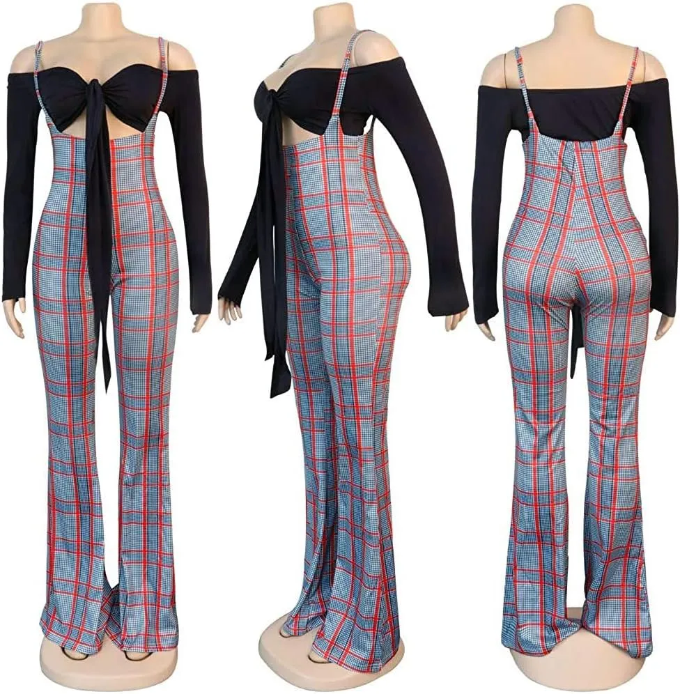 Ophestin Womens Sexy Off Shoulder Tie Crop Top Plaid Print Bell Pants Suspenders Set 2 Piece Outfits Jumpsuits Overalls