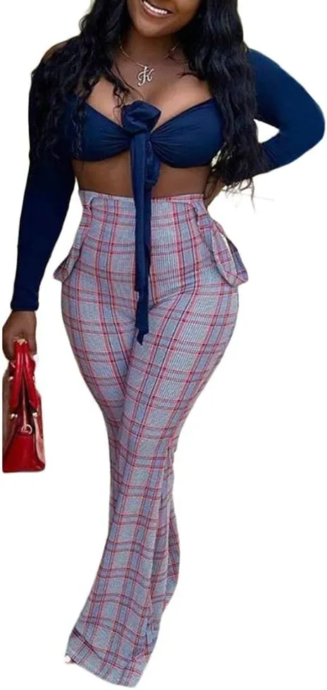 Ophestin Womens Sexy Off Shoulder Tie Crop Top Plaid Print Bell Pants Suspenders Set 2 Piece Outfits Jumpsuits Overalls