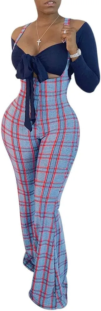 Ophestin Womens Sexy Off Shoulder Tie Crop Top Plaid Print Bell Pants Suspenders Set 2 Piece Outfits Jumpsuits Overalls