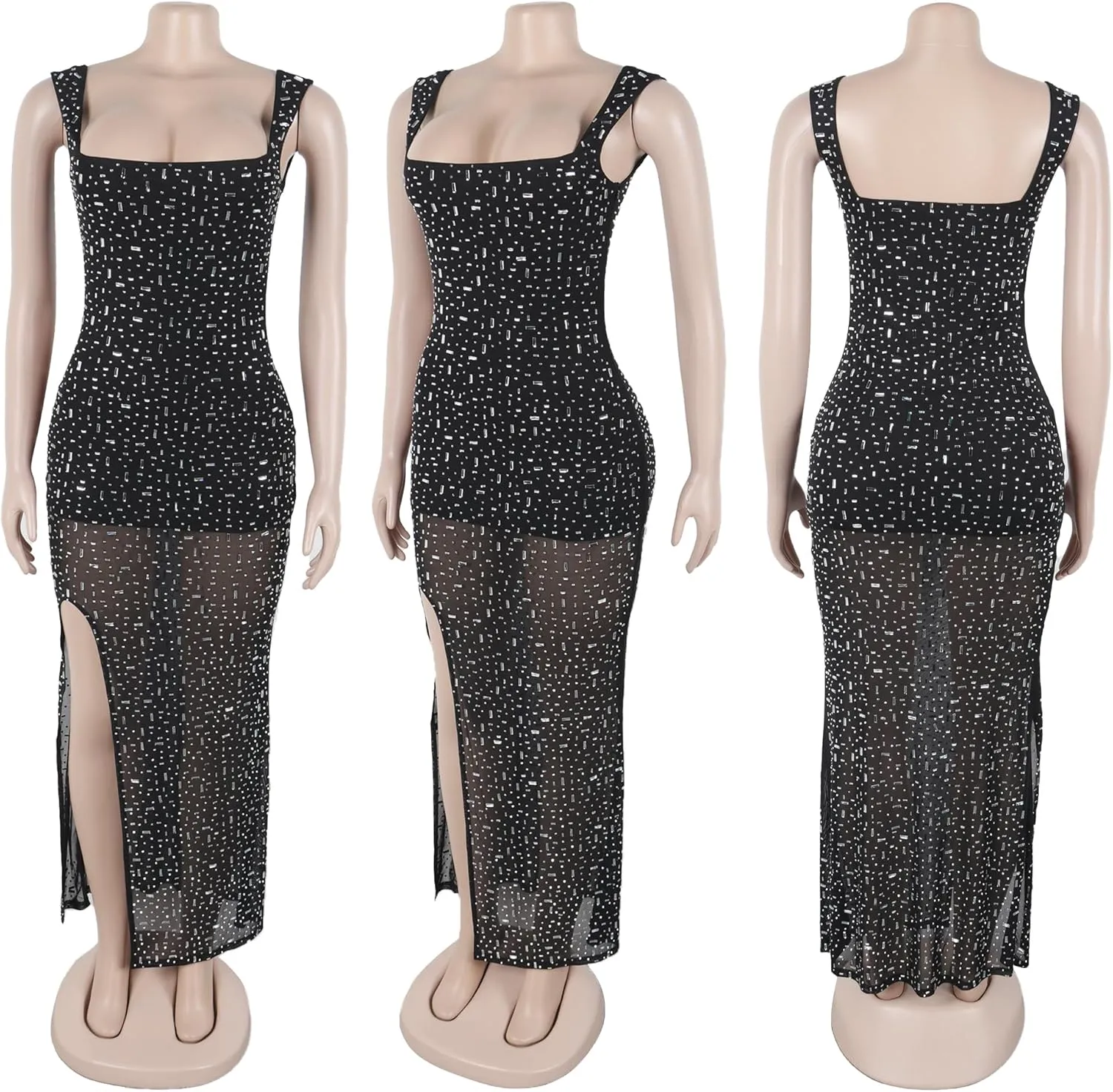 PORRCEY Women Sexy Elegant Rhinestone Mesh See Through Evening Dresses Party Club Night Clubwear