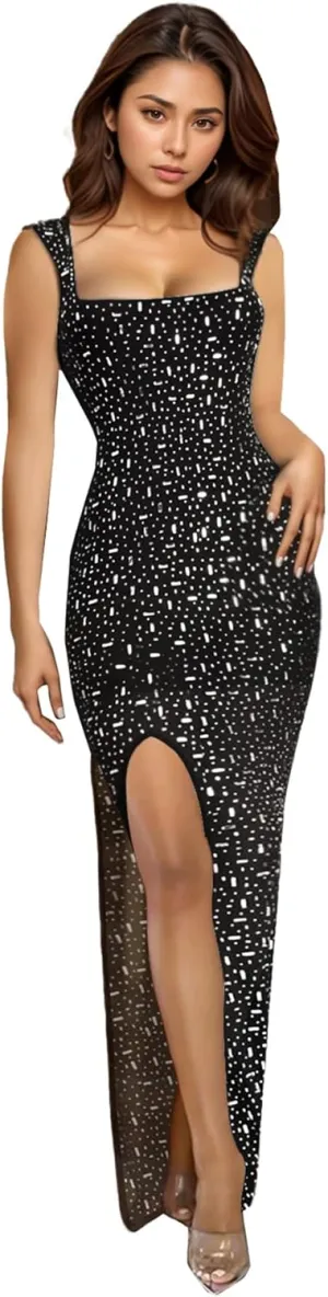 PORRCEY Women Sexy Elegant Rhinestone Mesh See Through Evening Dresses Party Club Night Clubwear