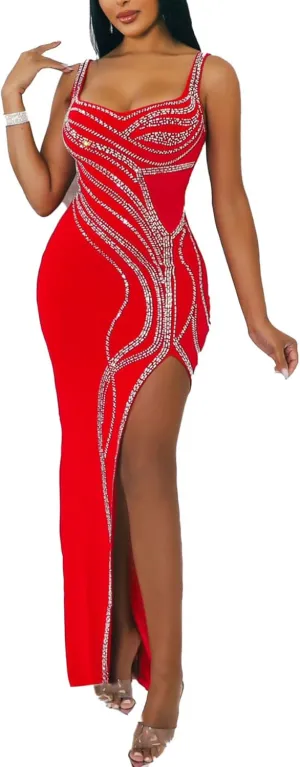 PORRCEY Women's Sexy Elegant Rhinestone Sleeveless Party Club Night Hot Drilling Clubwear Evening Dresses