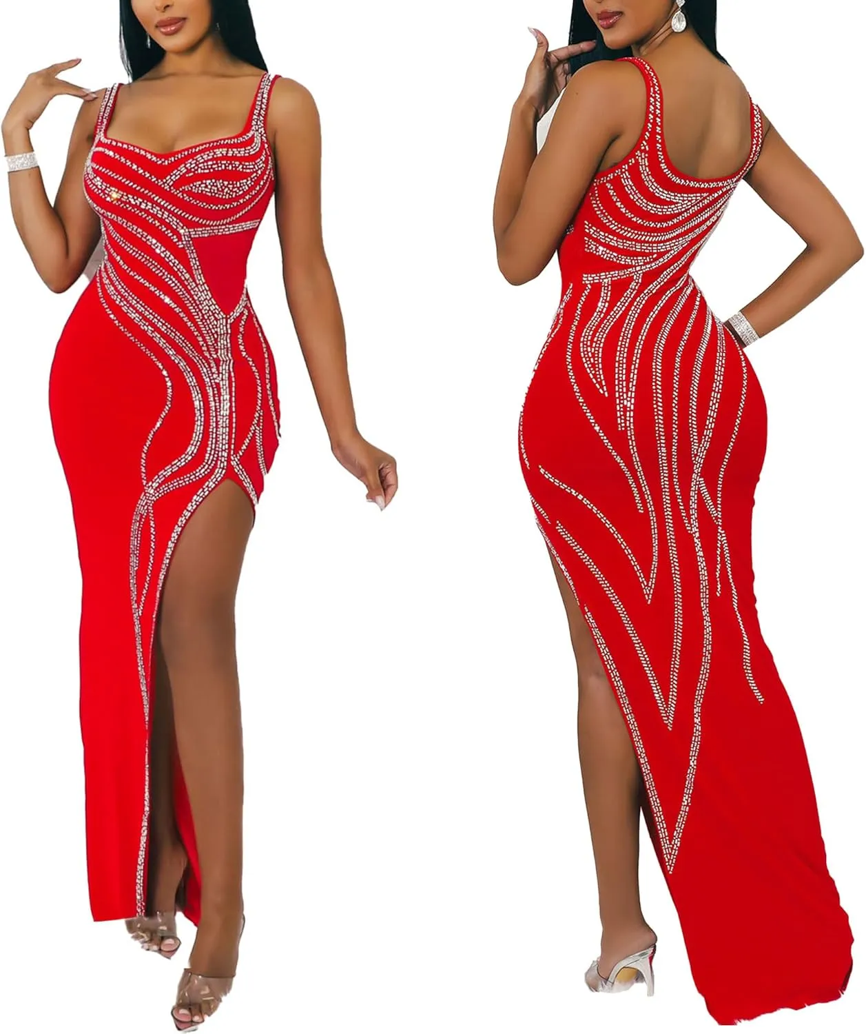 PORRCEY Women's Sexy Elegant Rhinestone Sleeveless Party Club Night Hot Drilling Clubwear Evening Dresses