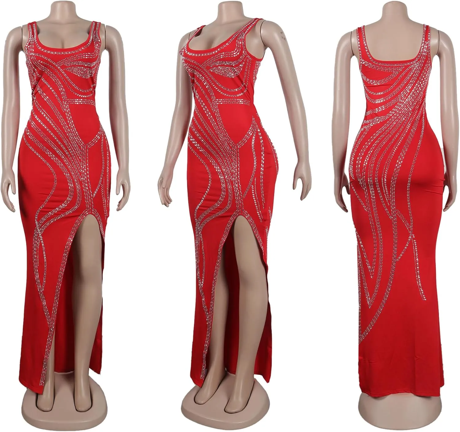 PORRCEY Women's Sexy Elegant Rhinestone Sleeveless Party Club Night Hot Drilling Clubwear Evening Dresses