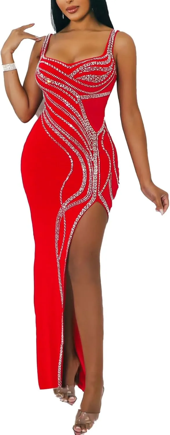 PORRCEY Women's Sexy Elegant Rhinestone Sleeveless Party Club Night Hot Drilling Clubwear Evening Dresses