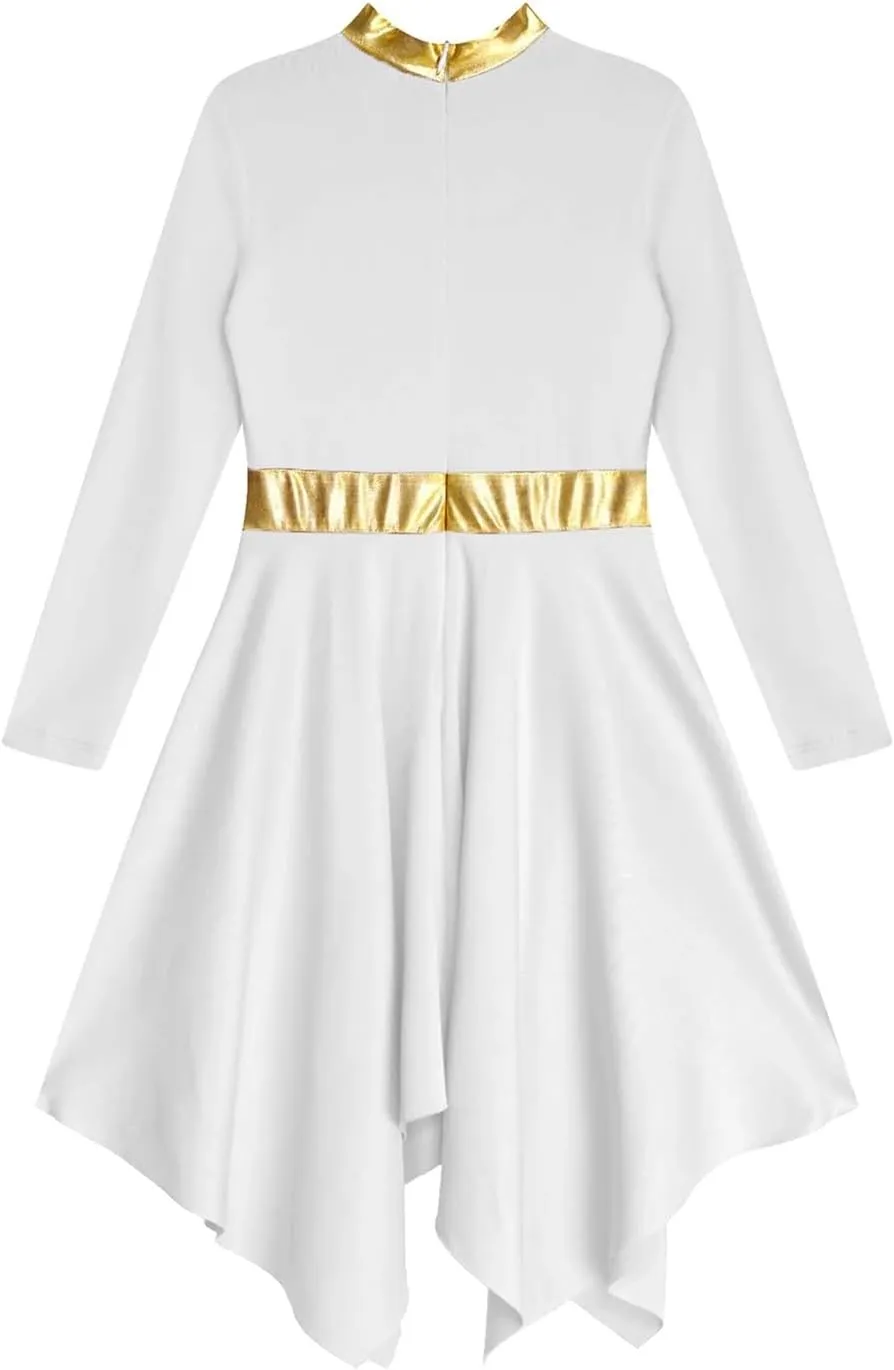 Praise Dance Dress Kids Girls Praise Lyrical Dance Dress Church Choir Worship Long Sleeve Asymmetrical Hem Gown