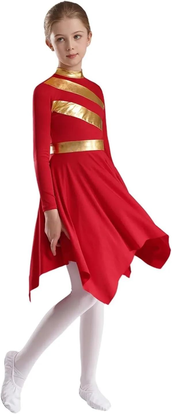 Praise Dance Dress Kids Girls Praise Lyrical Dance Dress Church Choir Worship Long Sleeve Asymmetrical Hem Gown